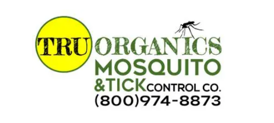 A yellow and white logo for organic mosquito & tick control.